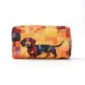 Quilted dachshund makeup bag, orange patchwork cosmetic pouch, portable travel organizer for women. - One Dog