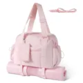 Pink gym tote bag with yoga mat holder, multi-functional travel fitness storage handbag. - Pink