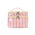 Pink and white striped double layer cosmetic bag, portable travel large makeup case. - Cream Pink Striped