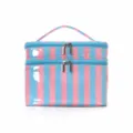 Double layer striped cosmetic bag, large capacity portable toiletry travel storage bag. - Blue & Pink Stripe