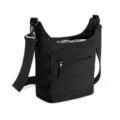 Black quilted shoulder bag with adjustable strap, front zip pocket, insulated lining inside. - Black