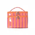 Double layer striped cosmetic bag, high capacity travel makeup organizer with handle. - Orange and Purple Stripes
