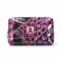Quilted Cosmetic Bag Pink Ribbon Print Makeup Pouch Portable Toiletry Organizer Travel Case - PVC Red Scarf