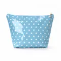 Glossy polka dot cosmetic bag in light blue, portable makeup storage pouch for everyday use. - Blue Polka Dot
