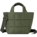 Green quilted puffer crossbody bag detail, soft padded texture, adjustable strap and metal hardware. - Green