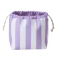 Detailed view of the purple and white striped drawstring cosmetic pouch, portable travel bag. - Purple and White Striped