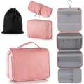 Multi-functional pink PU leather travel toiletry bag set with hanging hook and cosmetic pouches. - Pink