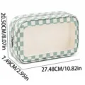 Green White Checkered Cosmetic Bag PU Transparent Toiletry Organizer Travel Makeup Pouch - L / Green Plaid