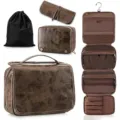 Retro PU leather hanging travel toiletry bag cosmetic organizer set with multiple compartments. - Coffee
