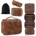 Vintage PU leather travel toiletry bag large capacity cosmetic organizer set with hanging hook. - Dark Brown