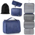 Vintage blue PU hanging travel toiletry bag set with large capacity and multi-compartment. - Blue