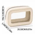 Beige PU cosmetic bag with clear window, portable travel toiletry pouch for women. - S / Beige