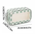 Green checkered makeup bag with clear window, PU leather travel cosmetic organizer pouch - S / Green Plaid