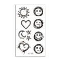 Black doodle temporary tattoo sticker sheet with sun, moon, stars, and cute faces. - HC-428