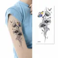 Waterproof floral temporary tattoo sticker featuring beautiful daisy and butterfly designs for arm art. - AQ-031 / 210*100mm