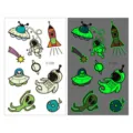 Cute glow in the dark space temporary tattoo sheet for kids with astronaut and cartoon UFO designs. - Ei-058 Space Cartoon Elements