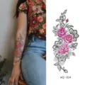 Waterproof temporary tattoo sticker with pink roses and black lace design for arm. - AQ-014 / 210*100mm