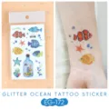 Glitter ocean temporary tattoo stickers for kids, waterproof cartoon marine animal body art. - Ocean Glitter Tattoo Sticker (EG-172) / 75*120mm