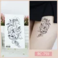 Waterproof temporary tattoo sticker featuring cute black dragon and floral designs. - RC-759 / 60*105mm