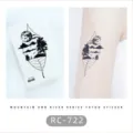 Waterproof temporary tattoo sticker featuring a black and white mountain and river leaf design. - RC-722