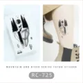Waterproof black and white temporary tattoo sticker featuring mountain and river landscape design. - RC-725
