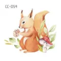 Cute watercolor squirrel temporary tattoo sticker for kids, featuring mushroom and green leaves. - CC-054