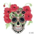 Adesivo per tatuaggio temporaneo viso teschio Halloween impermeabile con bei papaveri rossi. - CE-305 / 60*60mm