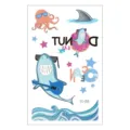 Waterproof kids temporary tattoo sheet featuring cute cartoon sharks and ocean animal designs. - EC-255