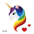 Cute unicorn temporary tattoo sticker featuring a colorful rainbow mane and sweet red hearts for kids. - CE-605 Unicorn Pattern (CE-605)