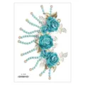 Waterproof temporary tattoo sticker with blue roses and gold bead chains for body art. - Blue Rose Bead (AL-028) / 210*150MM