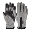 Detail view of winter thermal gloves featuring anti-slip palm, wrist zipper, and fleece lining. - M / Gray