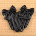 Women black PU leather gloves with large bow, fashion long finger gloves for party and performance. - One Size / Big Bow Without Studs / Black