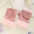 Cute pink women winter suede convertible fingerless gloves with soft plush faux fur cuffs. - One Size / Pink