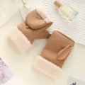 Women winter warm suede touch screen convertible fingerless gloves plush lined mittens brown - One Size / Khaki