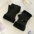 Women's black winter fleece-lined fingerless convertible gloves warm plush mittens suede - One Size / Black