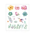 Waterproof temporary tattoo sticker featuring fresh watercolor flowers, leaves, and hummingbird designs. - FC-065