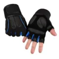 Gedetailleerd overzicht van fitness-vingerloze handschoenen voor heren met polssteun. - M / Blauw