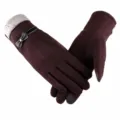 Women's touch screen winter warm gloves with cute bow and plush cuff, brown design. - Brown