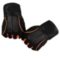 Gedetailleerd overzicht van zwarte fitness halve vinger handschoenen met lange polsbanden. - M / Roze
