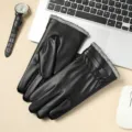 Men's winter warm PU leather touch screen gloves with plush cuff for outdoor riding. - One Size / Wavy PU Black