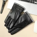 Men's winter warm PU leather gloves with fleece lining and plush cuffs for outdoor. - One Size / Round Logo PU Black