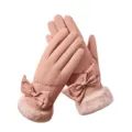 Pink winter thermal ski gloves for women, fleece lined waterproof windproof with cute bow. - Skin-Feel Double Bow Pink
