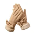 Women winter warm ski gloves, khaki windproof touchscreen fleece lined with cute bow. - Skin-Feel Double Bow Khaki