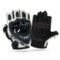 Half-finger motorcycle riding gloves detail showing hard knuckle protection and mesh. - Beige