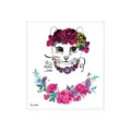 Waterproof temporary tattoo sticker featuring cute cat, floral crown and vibrant floral wreath design. - FG-028 / 105*120mm