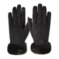 Women winter black suede touch screen gloves with plush warm faux fur cuffs daily wear. - One Size / Faux Suede Black