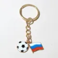 Detail shot of metal oil-dropping soccer and Russia flag keychain charm, 25mm ring. - Russian Flag