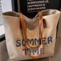 Large capacity canvas tote bag for women with embroidered blue letters casual shoulder bag. - Khaki