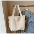 Large capacity canvas tote bag with front pocket, ideal for daily commuting, casual use. - Regular Fit / Beige