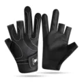 Black three-fingerless outdoor fishing gloves with widened wrist strap and PU leather. - One Size / Three Finger Cut Off / Black and White